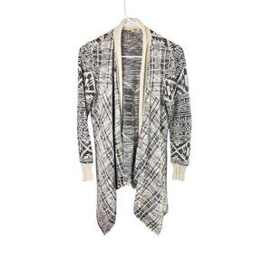 Anthropologie TINY Black & Cream Open Front Boho Cardigan Sweater With Tribal Pa